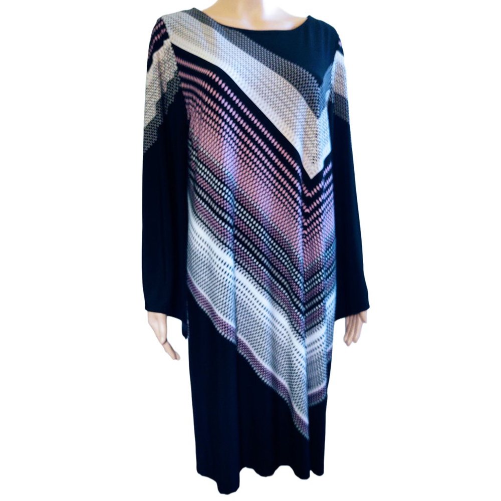 EUC EMMA & MICHELE SHIFT DRESS BELL SLEEVES BLACK W/GEOMETRIC PATTERN LARGE